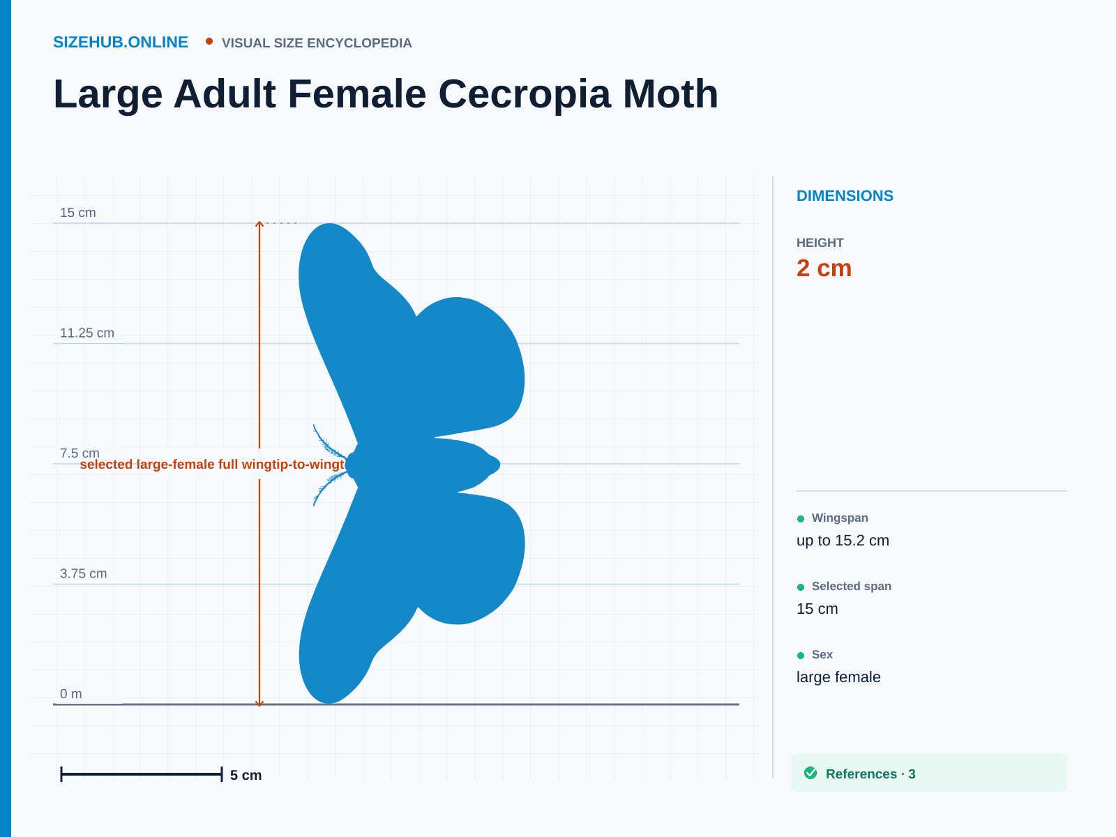 Large Adult Female Cecropia Moth: Size infographic · Height 2 cm · Length 9 cm · Width 15 cm