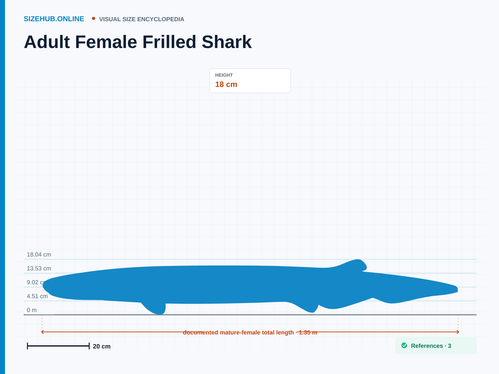 Adult Female Frilled Shark: Size infographic · Height 18 cm · Length 1.35 m
