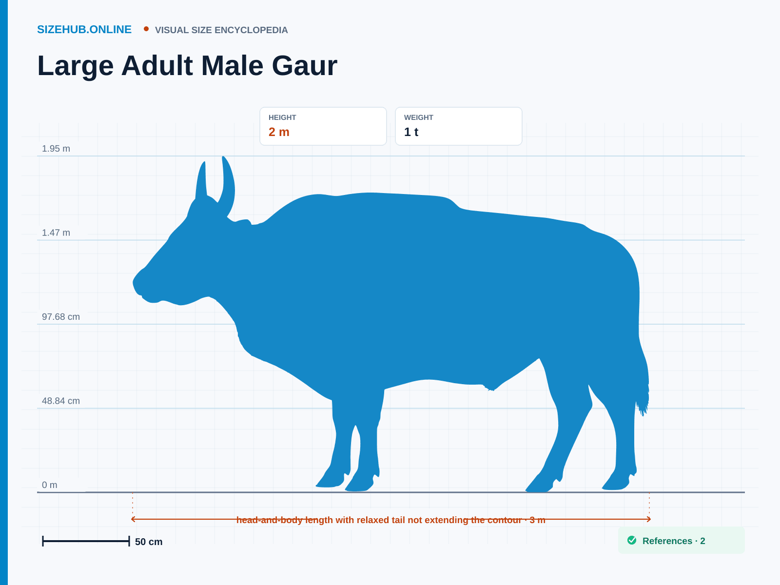 Large Adult Male Gaur: Size infographic · Height 2 m · Length 3 m