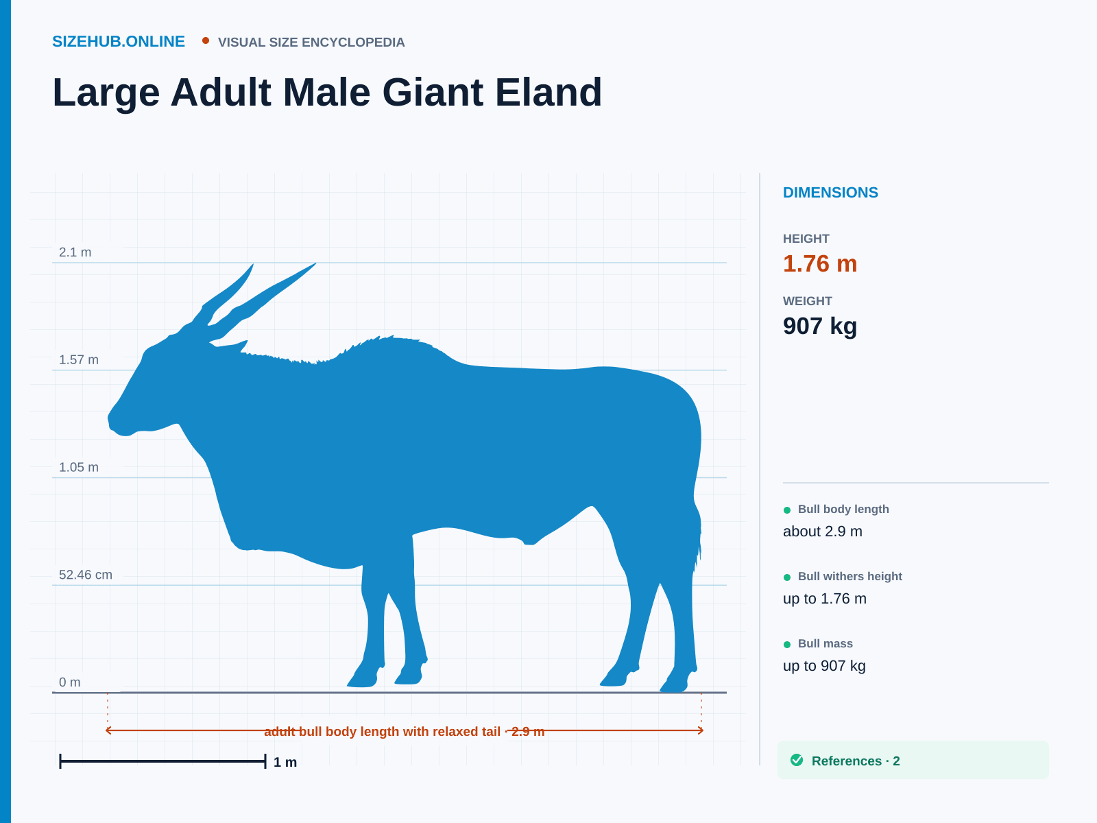 Large Adult Male Giant Eland: Size infographic · Height 1.76 m · Length 2.9 m
