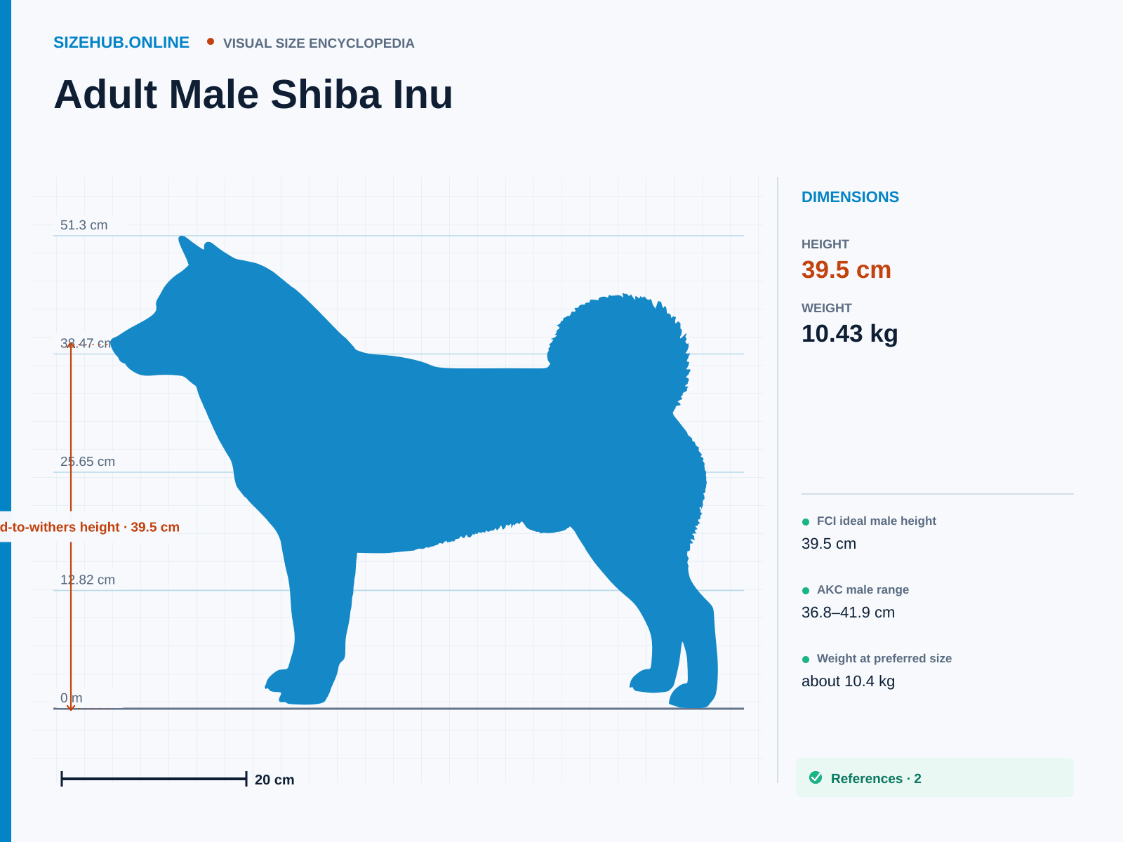 Adult Male Shiba Inu: Size infographic · Height 39.5 cm