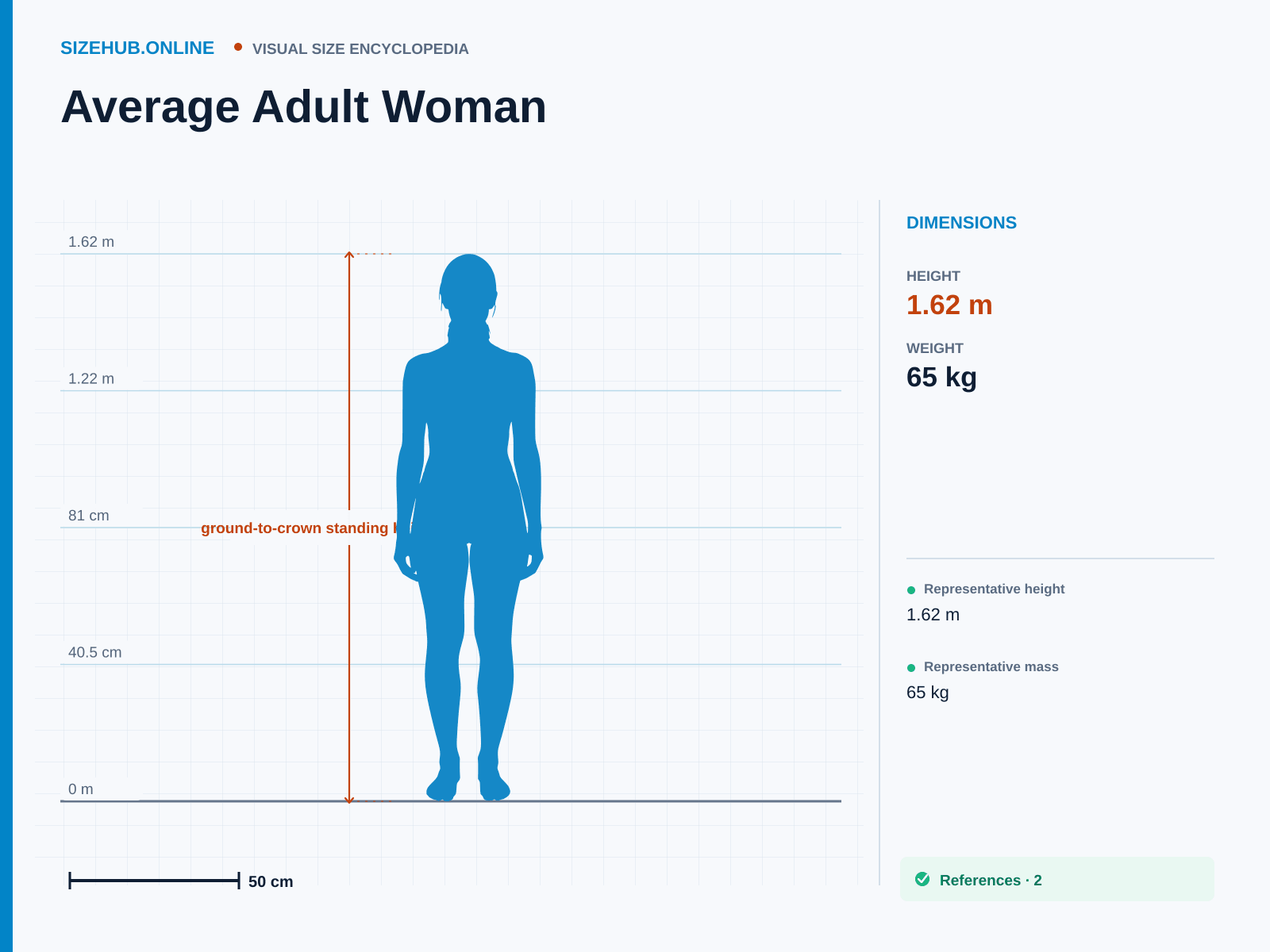 Average Adult Woman: Size infographic · Height 1.62 m