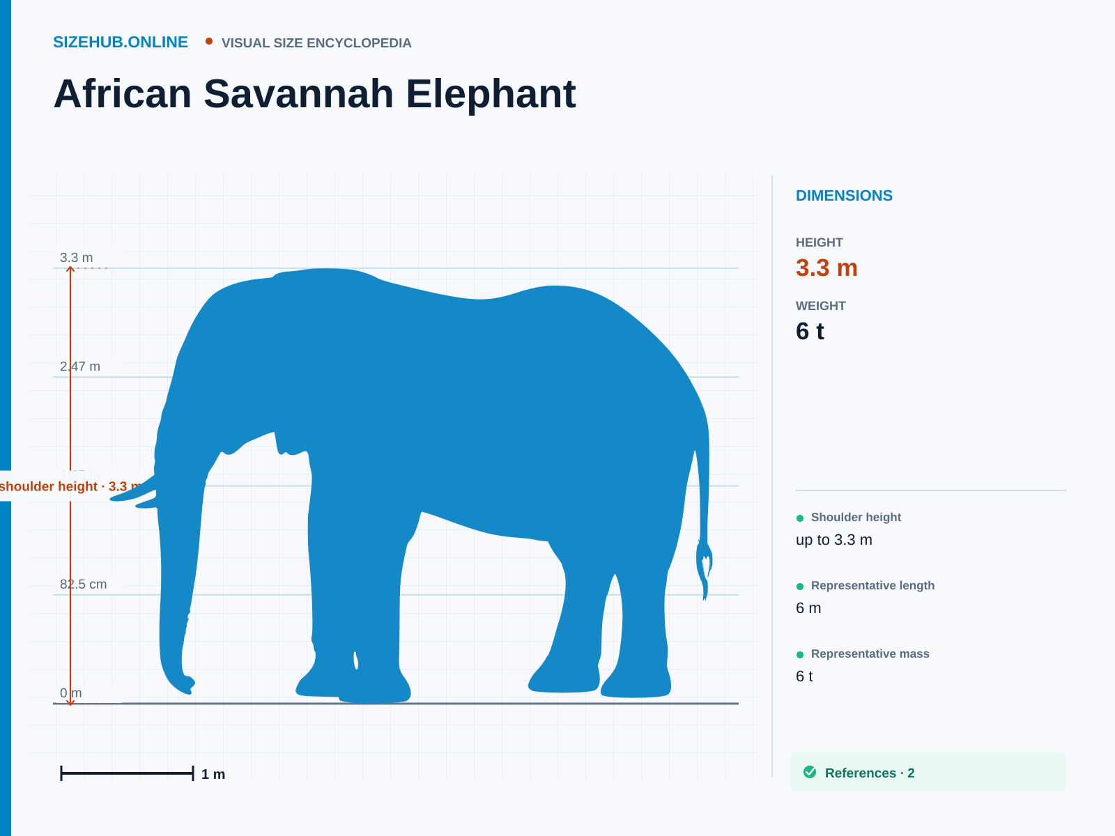 African Savannah Elephant: Size infographic · Height 3.3 m · Length 6 m