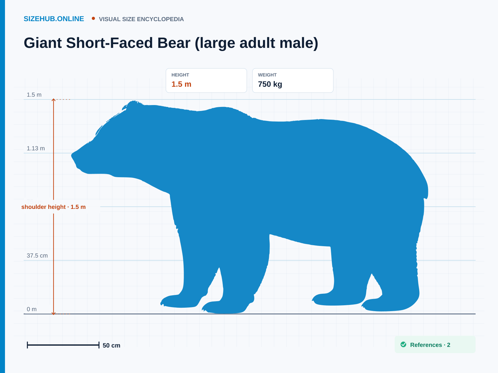 Giant Short-Faced Bear (large adult male): Size infographic · Height 1.5 m