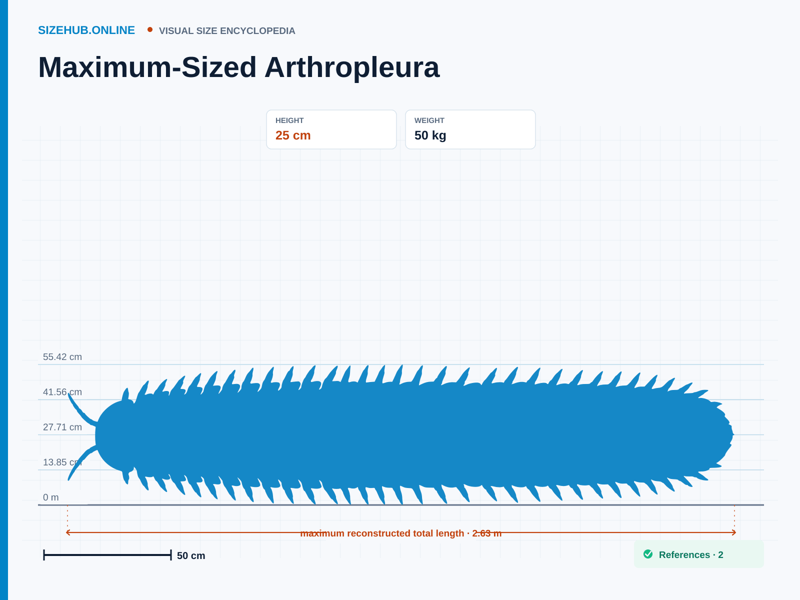Maximum-Sized Arthropleura: Size infographic · Height 25 cm · Length 2.63 m · Width 55 cm