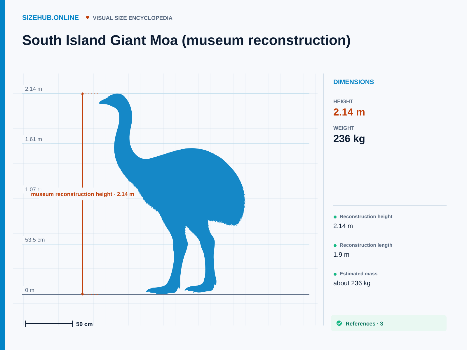 South Island Giant Moa (museum reconstruction): Size infographic · Height 2.14 m · Length 1.9 m · Width 90 cm