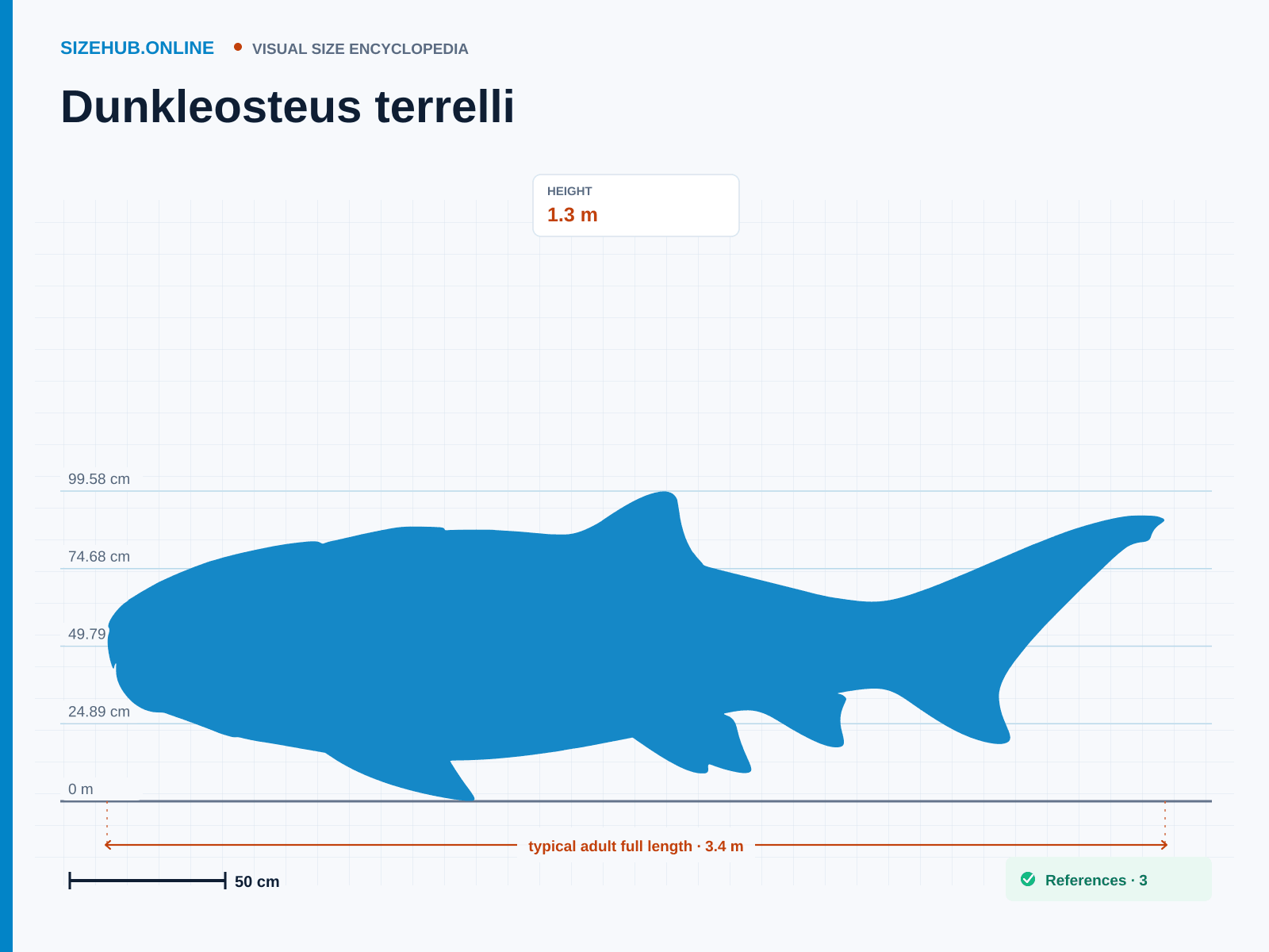 Dunkleosteus terrelli: Size infographic · Height 1.3 m · Length 3.4 m