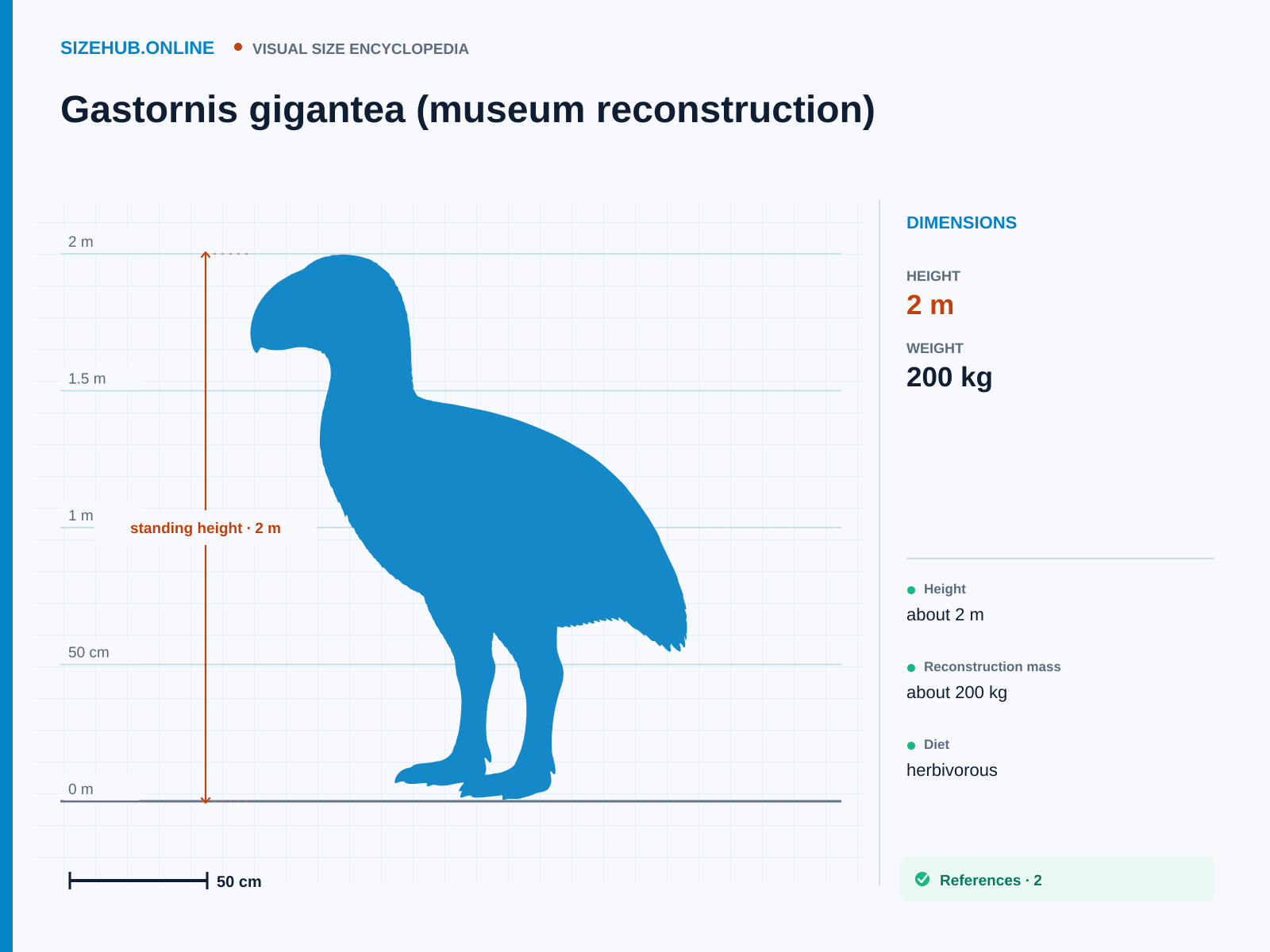 Gastornis gigantea (museum reconstruction): Size infographic · Height 2 m