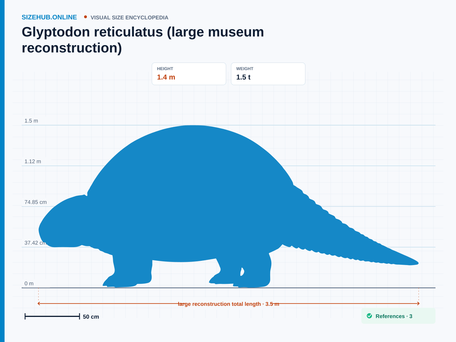 Glyptodon reticulatus (large museum reconstruction): Size infographic · Height 1.4 m · Length 3.5 m · Width 2 m