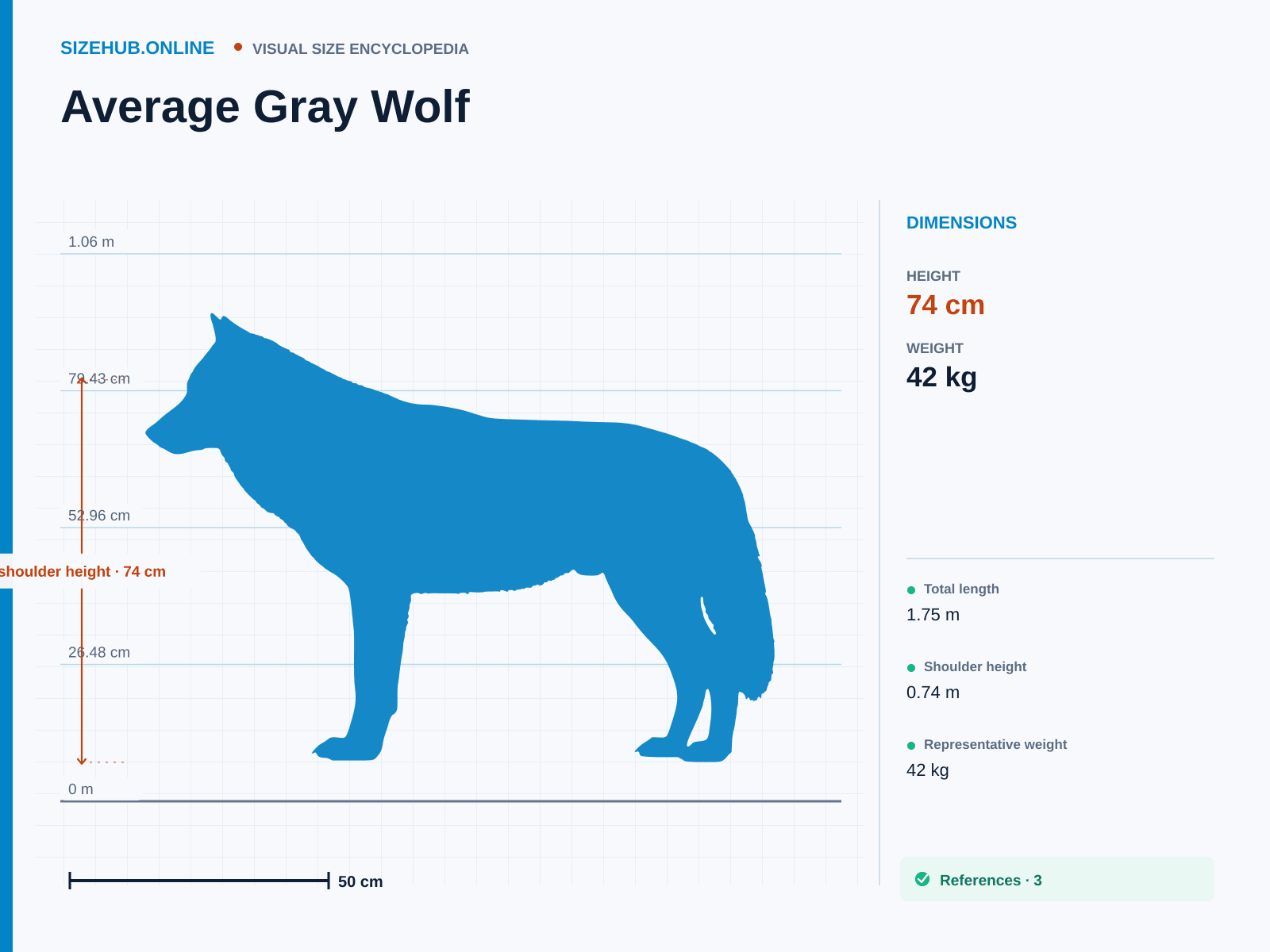Average Gray Wolf: Size infographic · Height 74 cm · Length 1.75 m