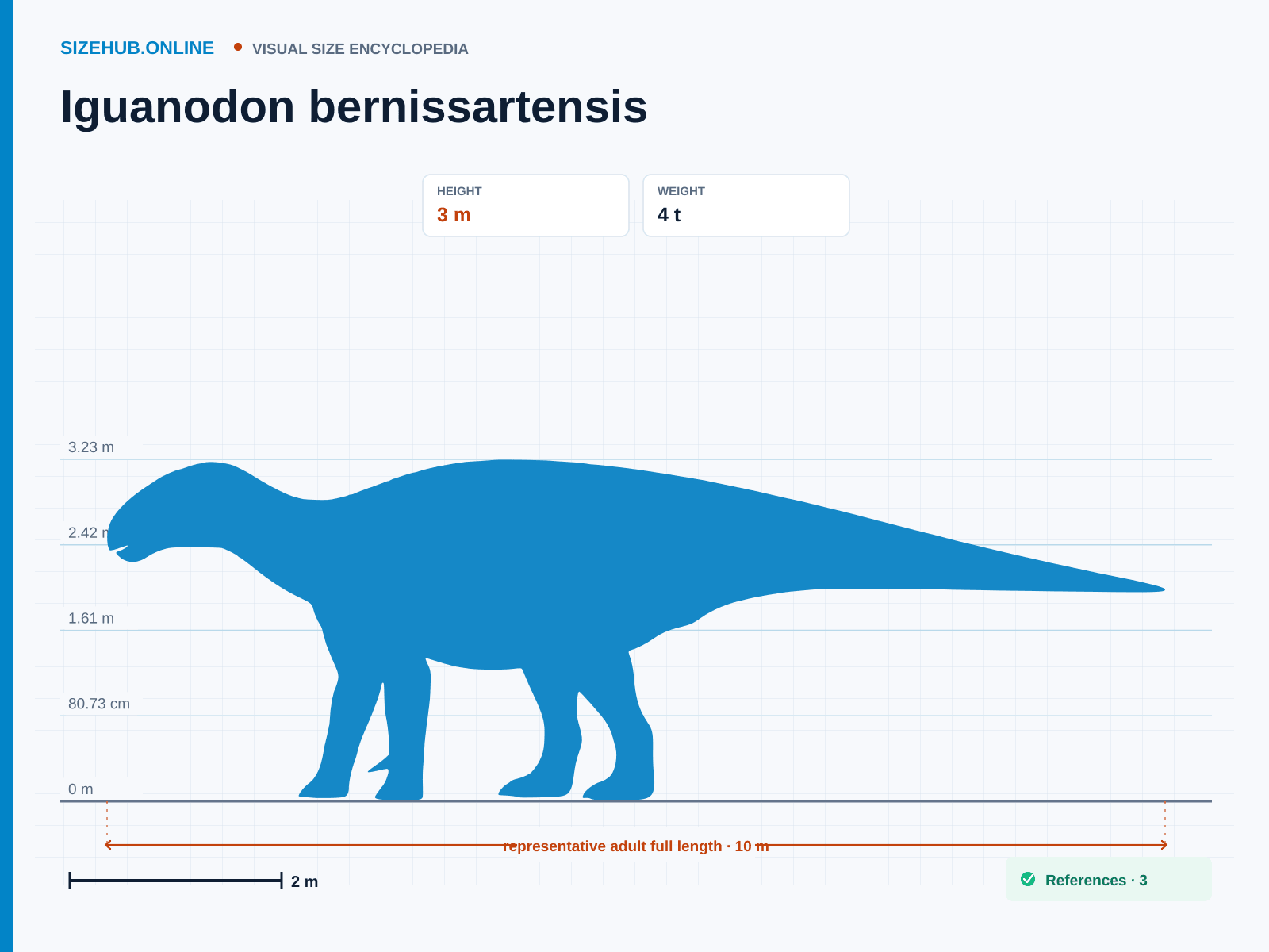Iguanodon bernissartensis: Size infographic · Height 3 m · Length 10 m