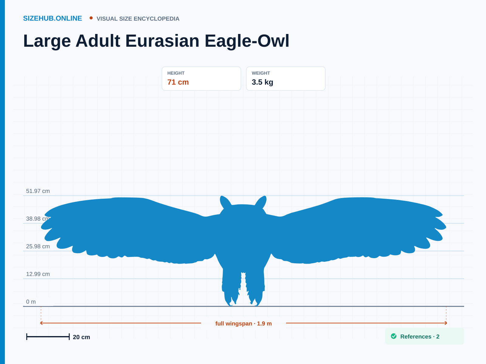 Large Adult Eurasian Eagle-Owl: Size infographic · Height 71 cm · Width 1.9 m