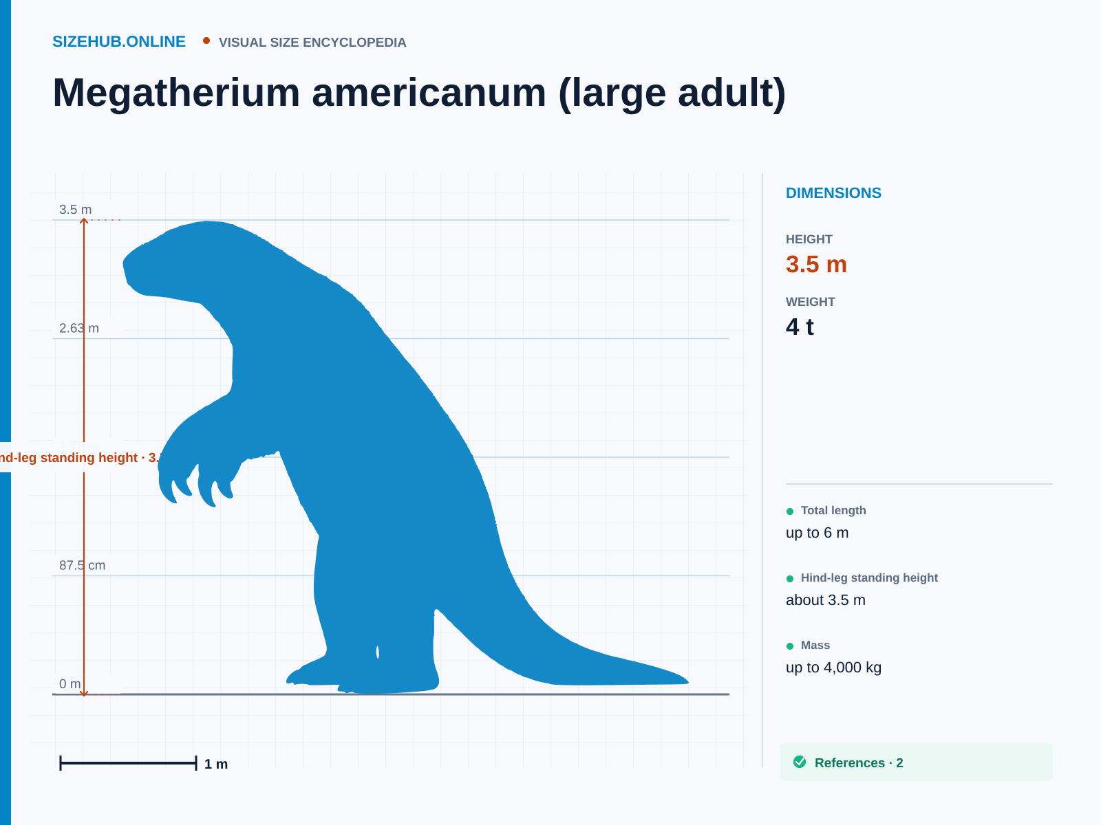 Megatherium americanum (large adult): Size infographic · Height 3.5 m · Length 6 m