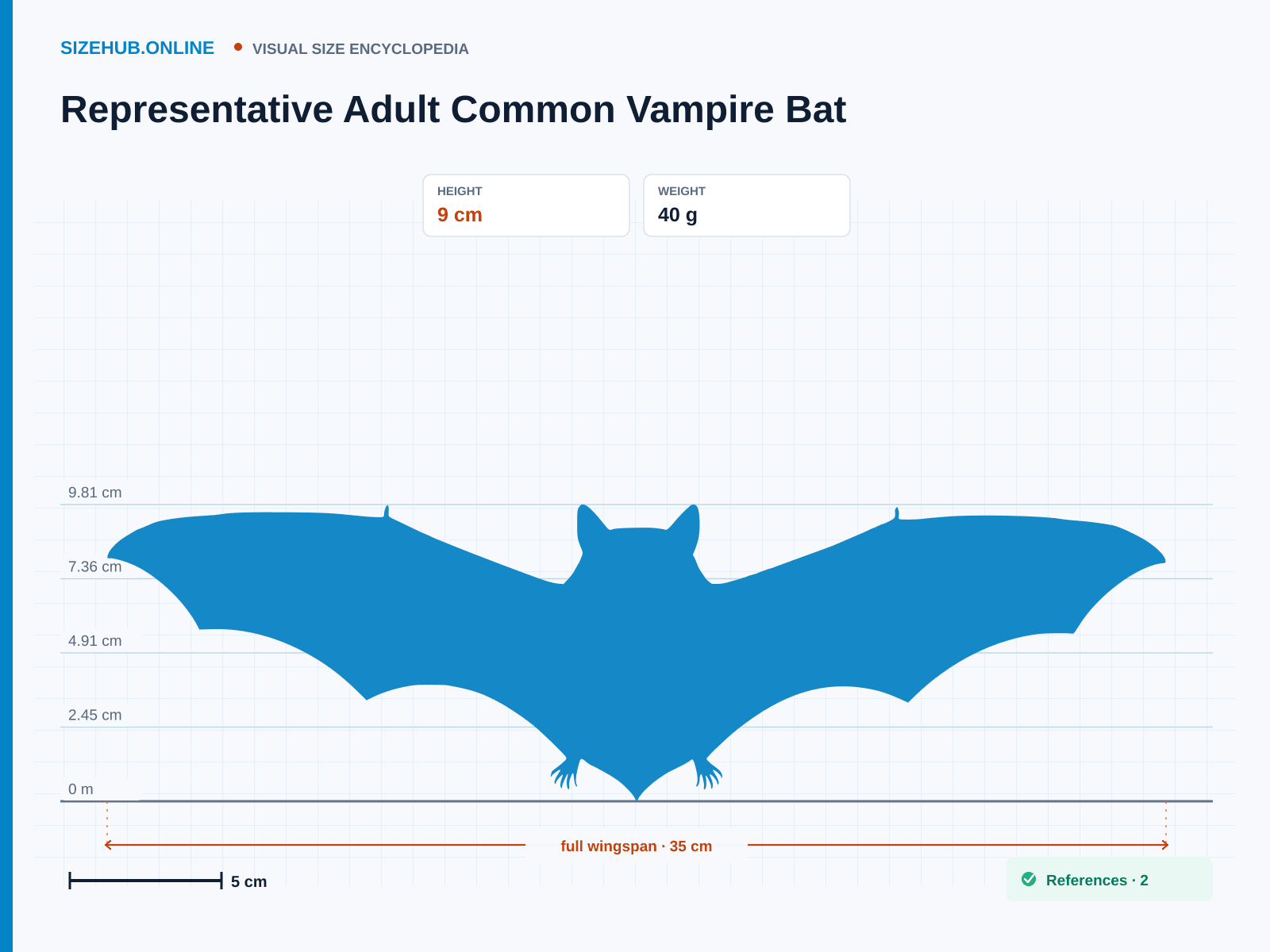 Representative Adult Common Vampire Bat: Size infographic · Height 9 cm · Width 35 cm