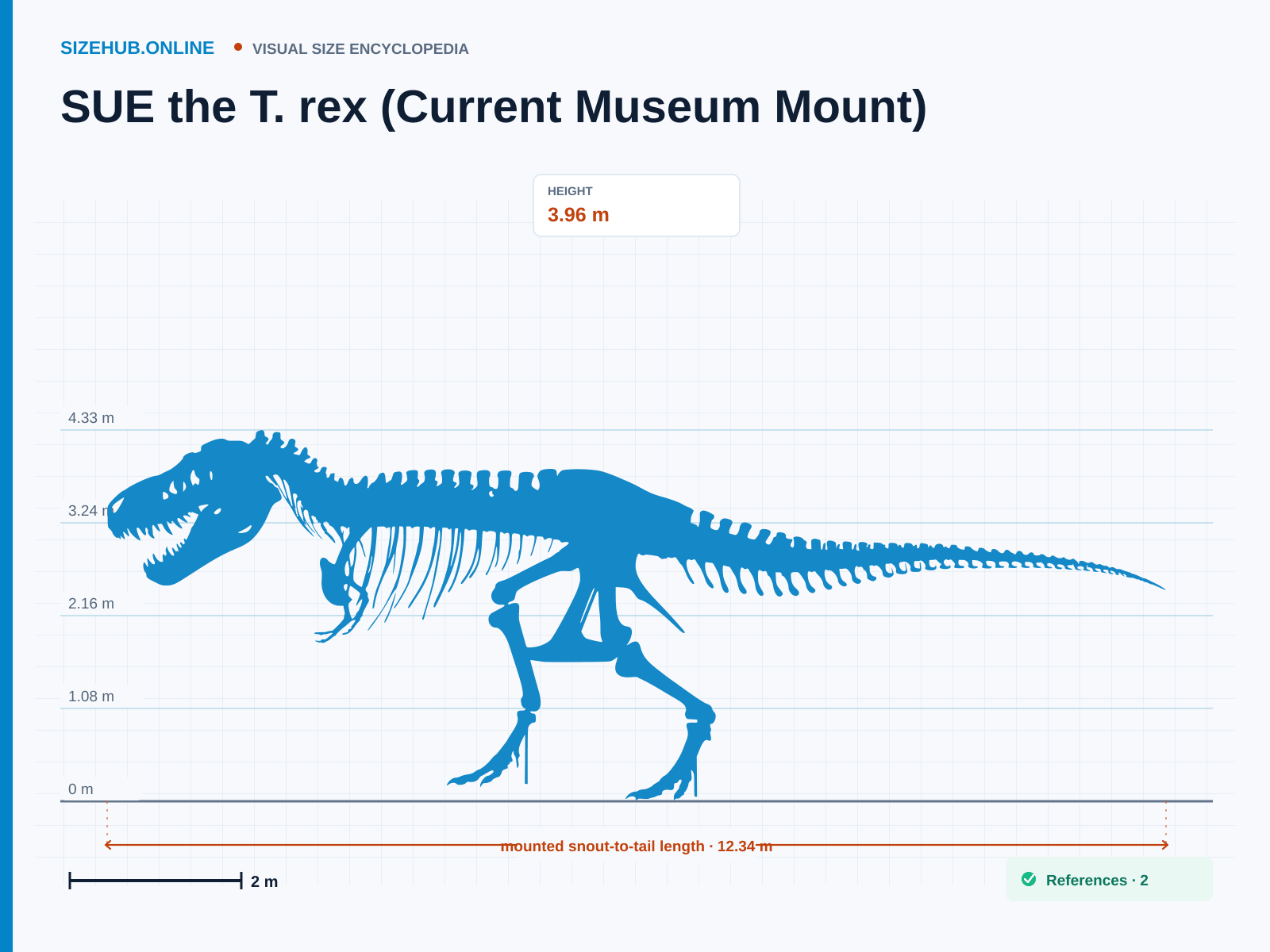 SUE the T. rex (Current Museum Mount): Size infographic · Height 3.96 m · Length 12.34 m