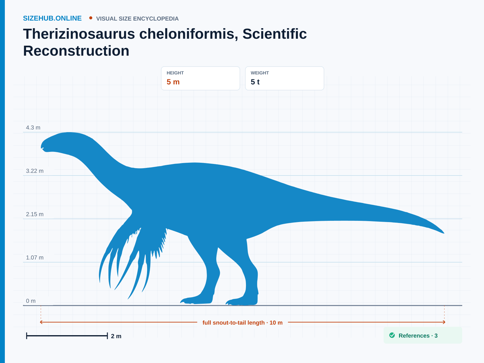 Therizinosaurus cheloniformis, Scientific Reconstruction: Size infographic · Height 5 m · Length 10 m · Width 1.8 m